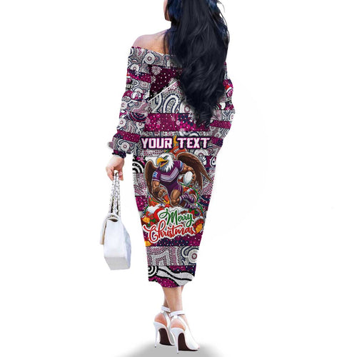 Custom Sea Eagles Rugby Merry Christmas Family Matching Off The Shoulder Long Sleeve Dress and Hawaiian Shirt Indigenous Australian Art