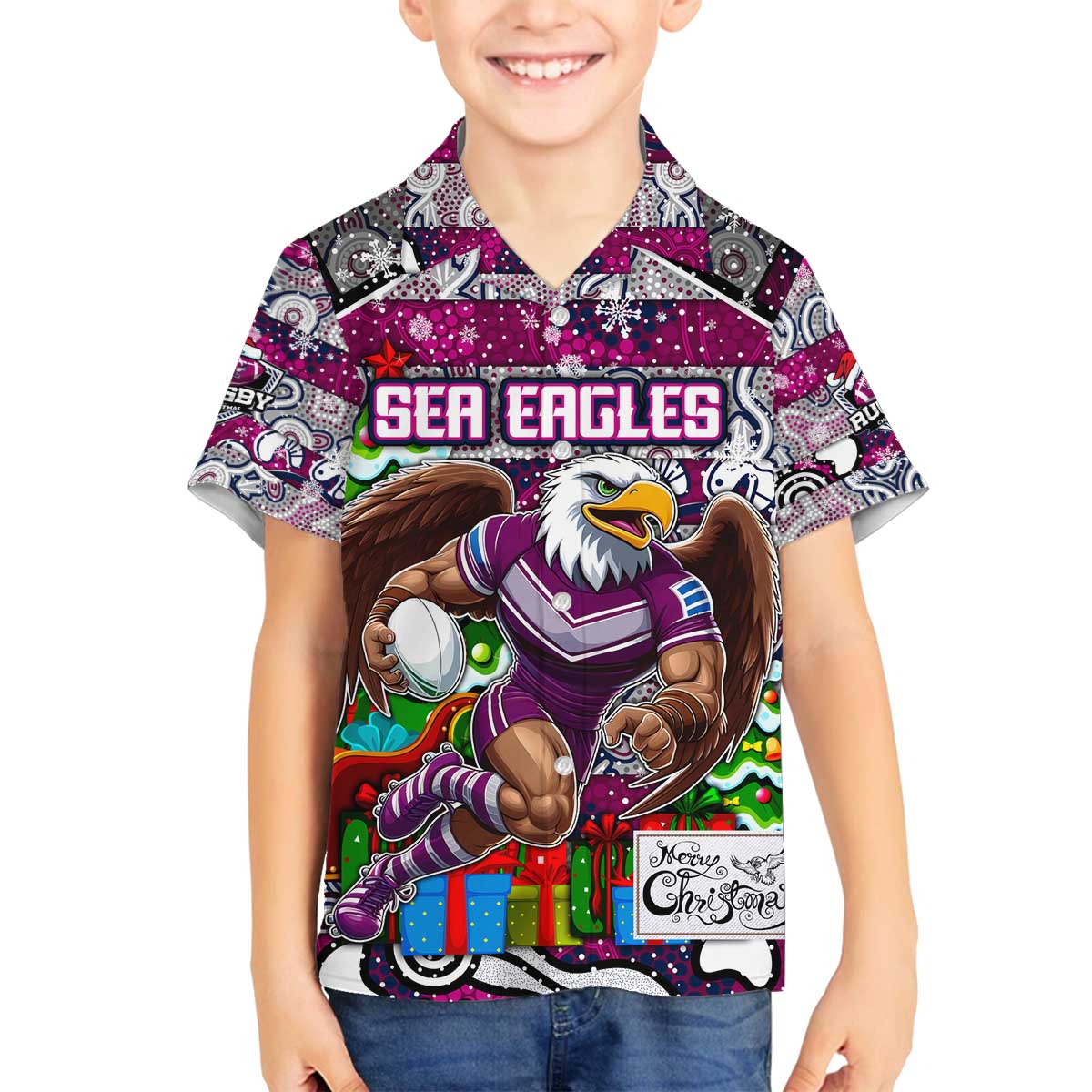 Custom Sea Eagles Rugby Merry Christmas Family Matching Off The Shoulder Long Sleeve Dress and Hawaiian Shirt Indigenous Australian Art