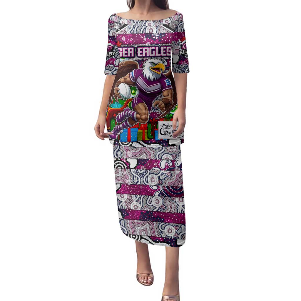 Custom Sea Eagles Rugby Merry Christmas Family Matching Puletasi and Hawaiian Shirt Indigenous Australian Art