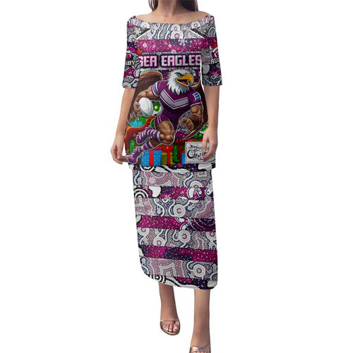 Custom Sea Eagles Rugby Merry Christmas Family Matching Puletasi and Hawaiian Shirt Indigenous Australian Art
