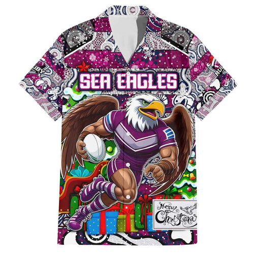 Custom Sea Eagles Rugby Merry Christmas Family Matching Short Sleeve Bodycon Dress and Hawaiian Shirt Indigenous Australian Art