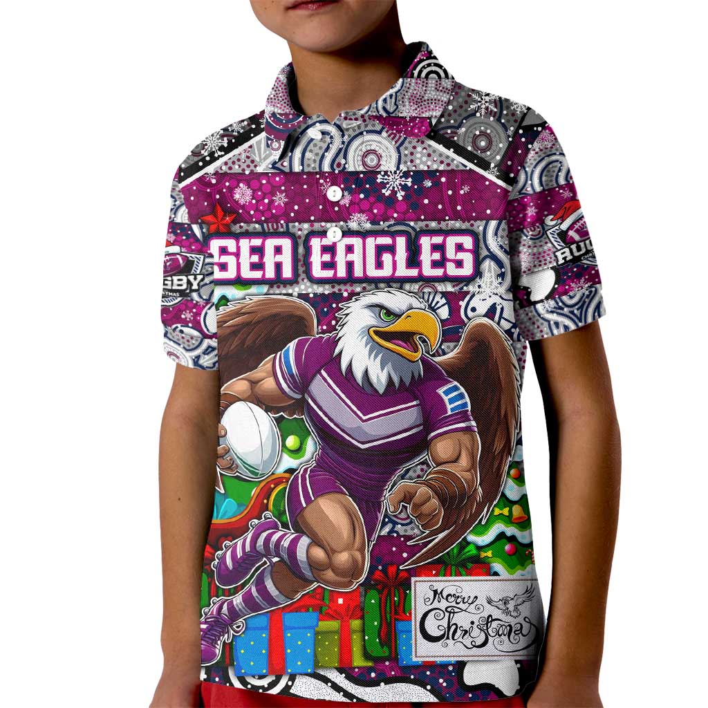 Custom Sea Eagles Rugby Merry Christmas Kid Polo Shirt Indigenous Australian Art