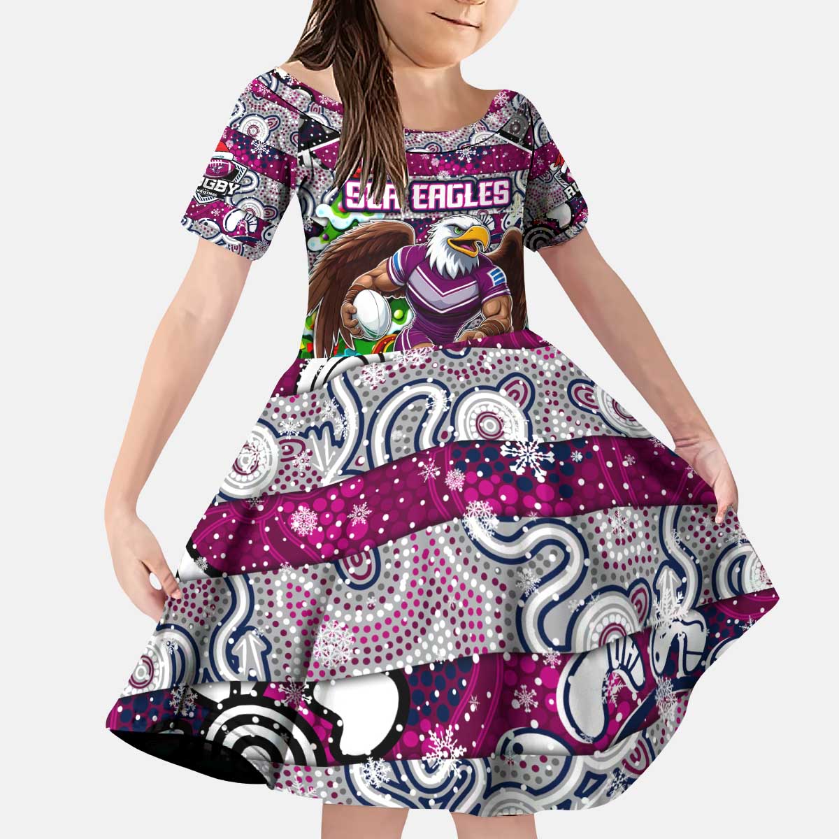 Custom Sea Eagles Rugby Merry Christmas Kid Short Sleeve Dress Indigenous Australian Art