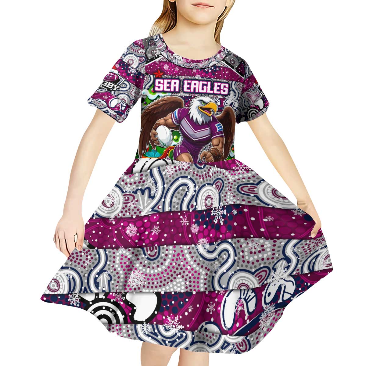 Custom Sea Eagles Rugby Merry Christmas Kid Short Sleeve Dress Indigenous Australian Art