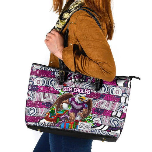 Sea Eagles Rugby Merry Christmas Leather Tote Bag Indigenous Australian Art