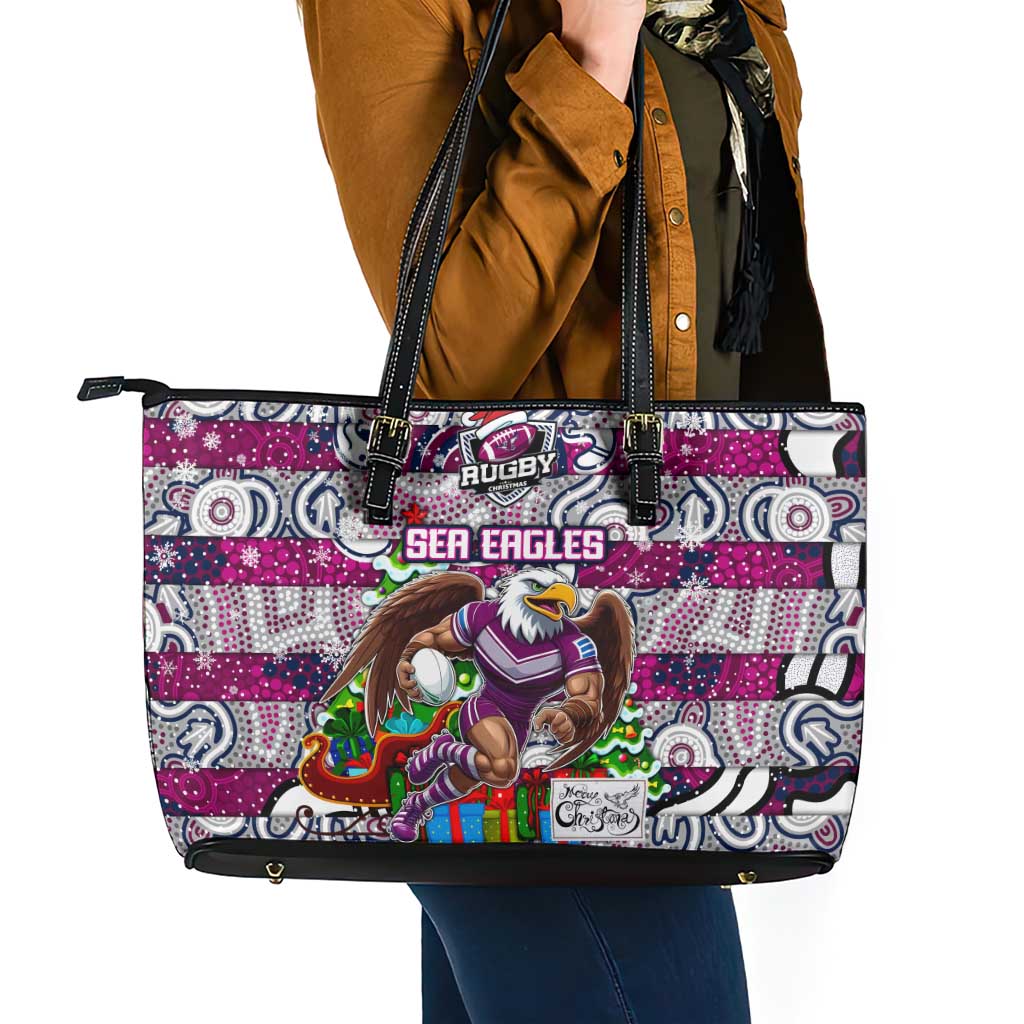 Sea Eagles Rugby Merry Christmas Leather Tote Bag Indigenous Australian Art