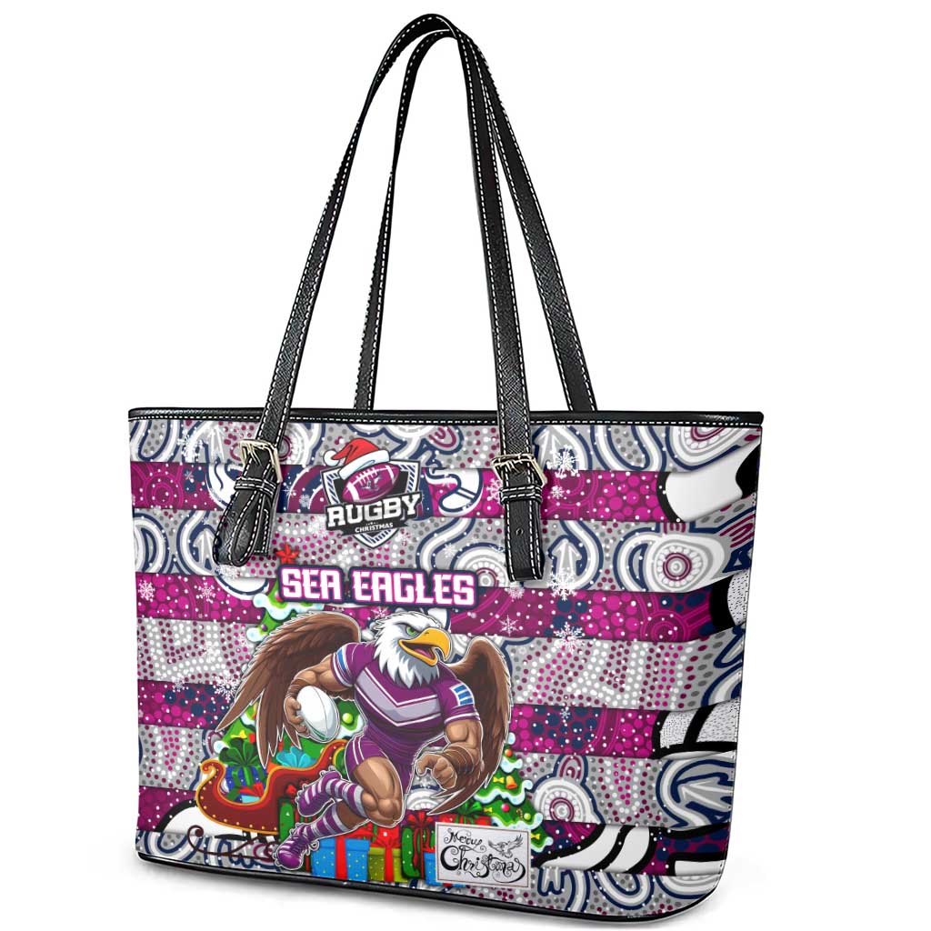 Sea Eagles Rugby Merry Christmas Leather Tote Bag Indigenous Australian Art