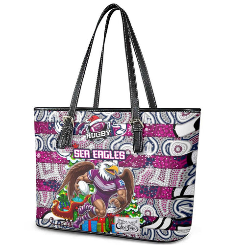 Sea Eagles Rugby Merry Christmas Leather Tote Bag Indigenous Australian Art