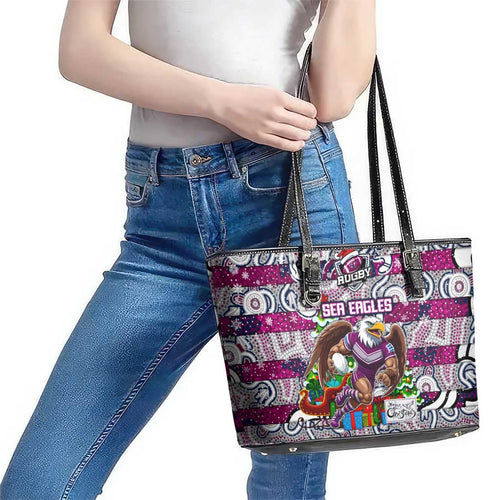 Sea Eagles Rugby Merry Christmas Leather Tote Bag Indigenous Australian Art