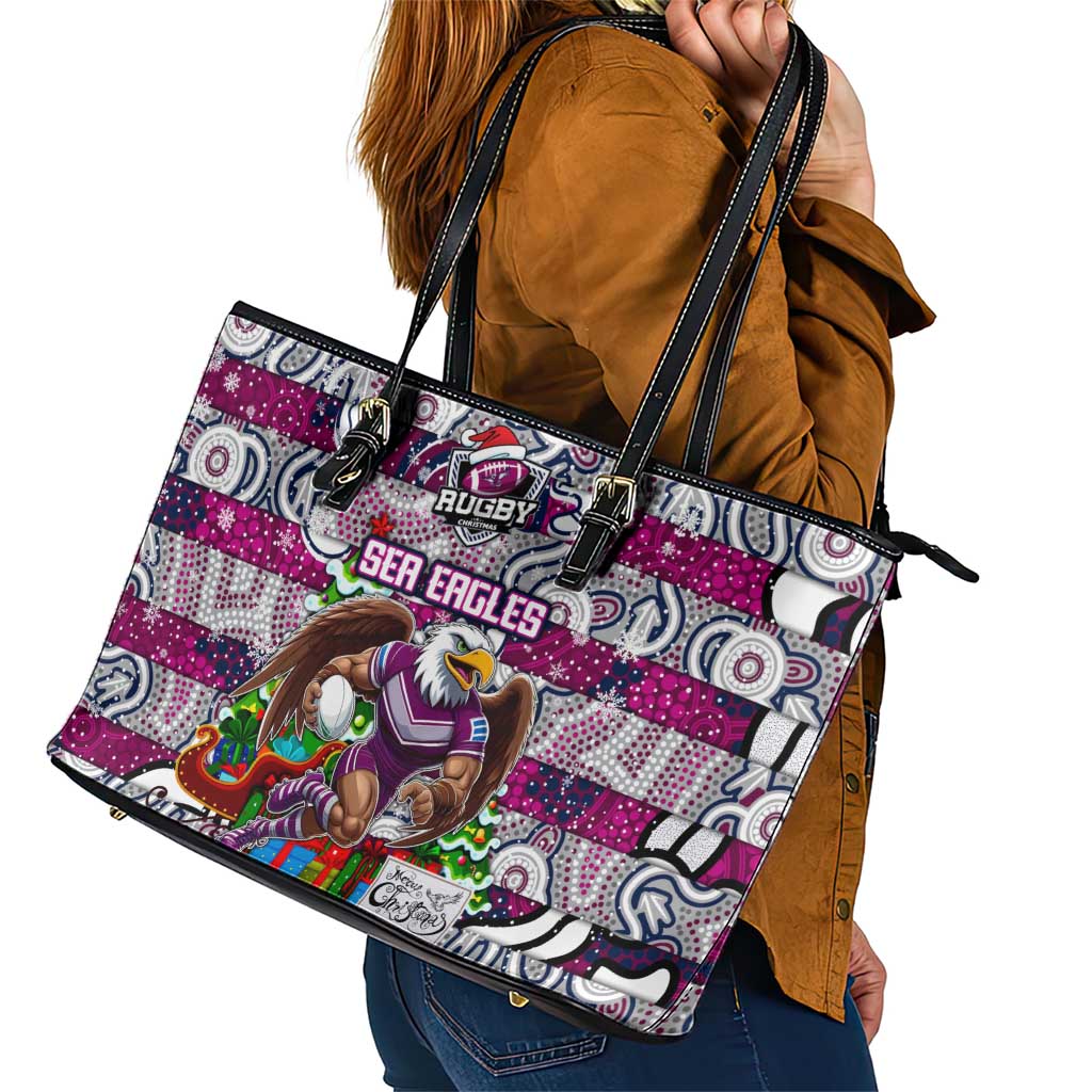 Sea Eagles Rugby Merry Christmas Leather Tote Bag Indigenous Australian Art