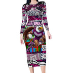Custom Sea Eagles Rugby Merry Christmas Long Sleeve Bodycon Dress Indigenous Australian Art