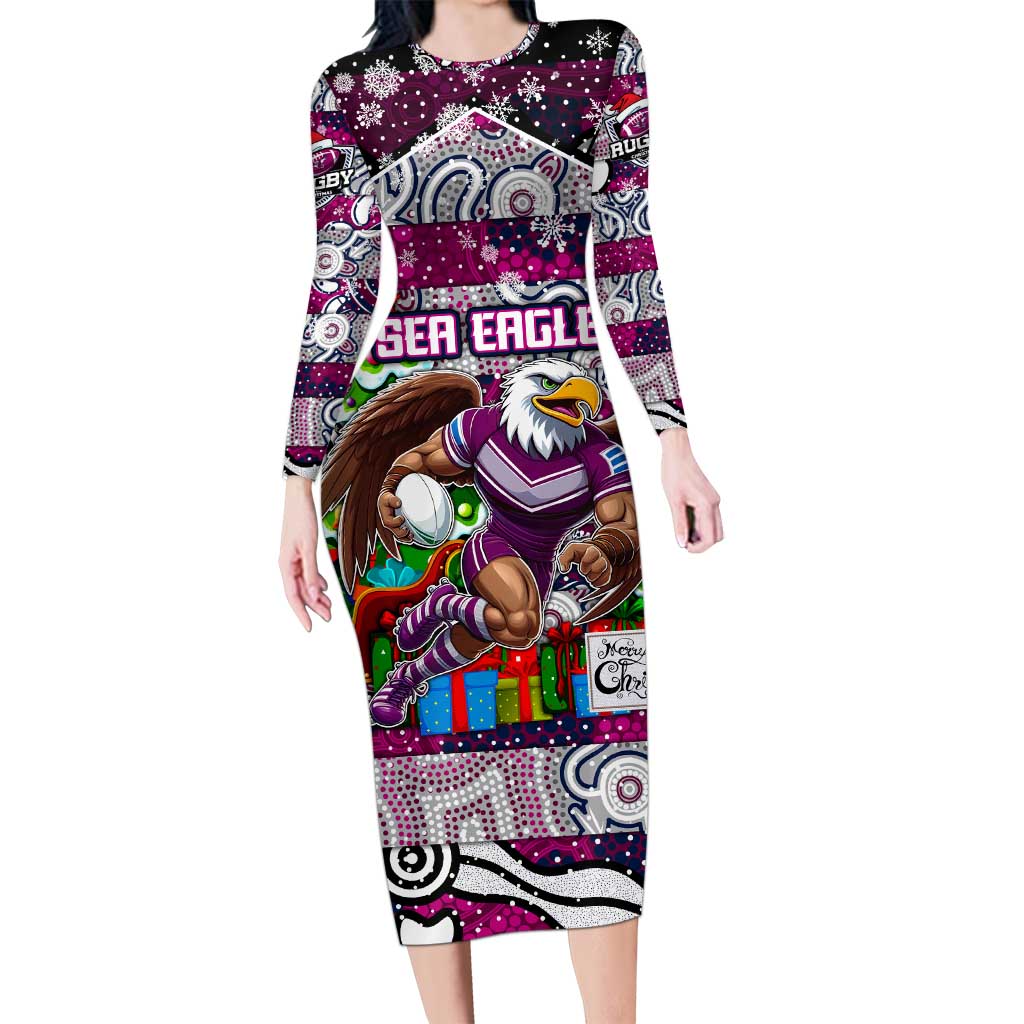 Custom Sea Eagles Rugby Merry Christmas Long Sleeve Bodycon Dress Indigenous Australian Art