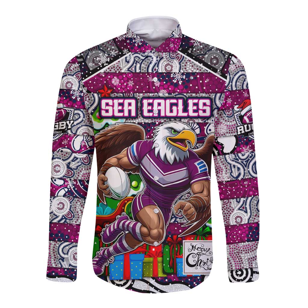 Custom Sea Eagles Rugby Merry Christmas Long Sleeve Button Shirt Indigenous Australian Art