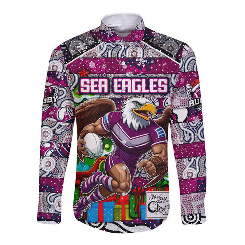 Custom Sea Eagles Rugby Merry Christmas Long Sleeve Button Shirt Indigenous Australian Art
