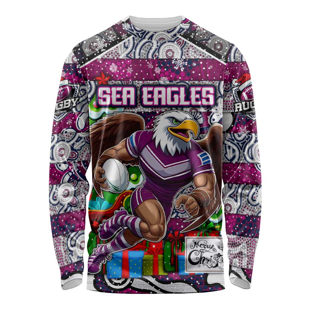 Custom Sea Eagles Rugby Merry Christmas Long Sleeve Shirt Indigenous Australian Art