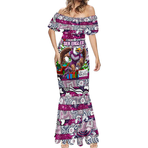 Custom Sea Eagles Rugby Merry Christmas Mermaid Dress Indigenous Australian Art