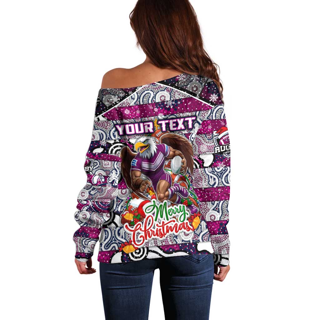 Custom Sea Eagles Rugby Merry Christmas Off Shoulder Sweater Indigenous Australian Art