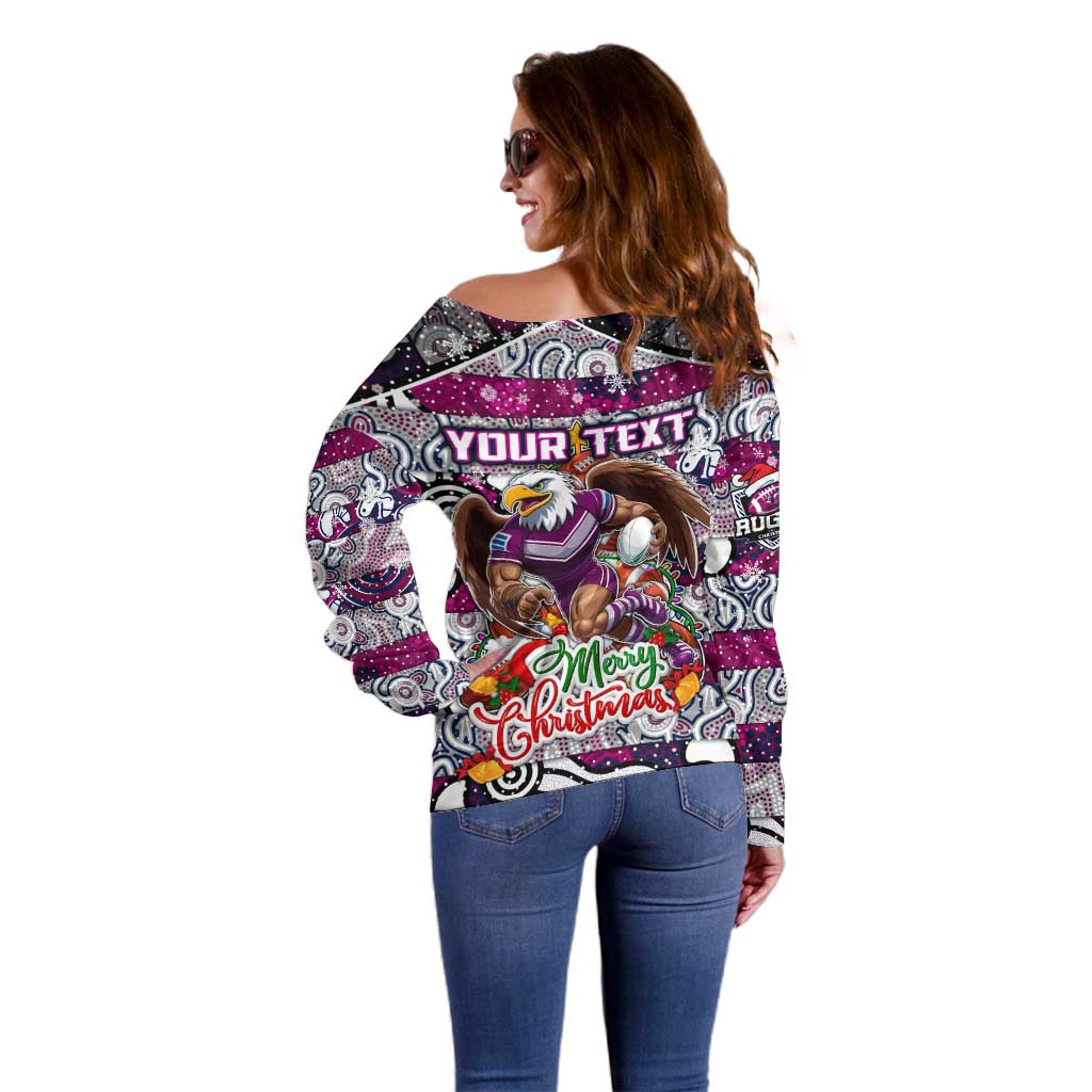 Custom Sea Eagles Rugby Merry Christmas Off Shoulder Sweater Indigenous Australian Art