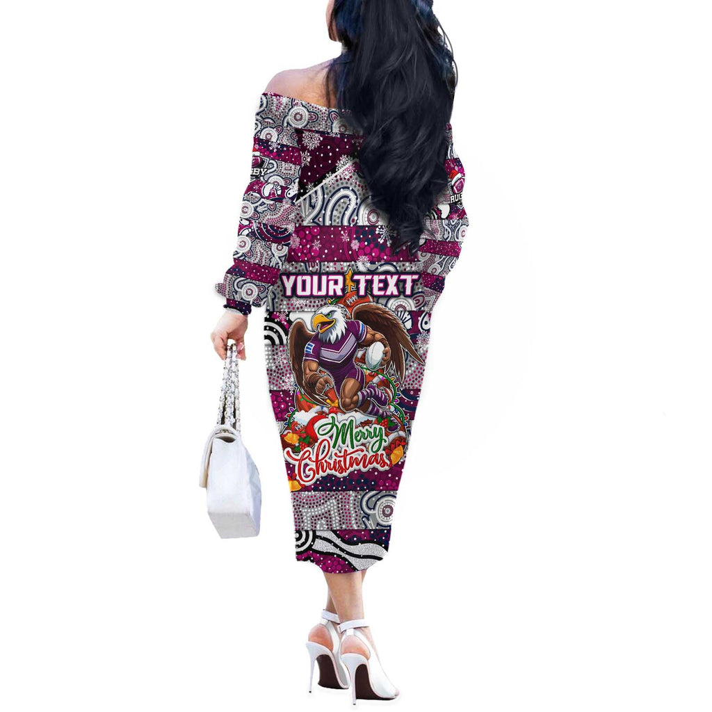 Custom Sea Eagles Rugby Merry Christmas Off The Shoulder Long Sleeve Dress Indigenous Australian Art