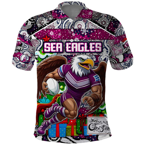 Custom Sea Eagles Rugby Merry Christmas Polo Shirt Indigenous Australian Art