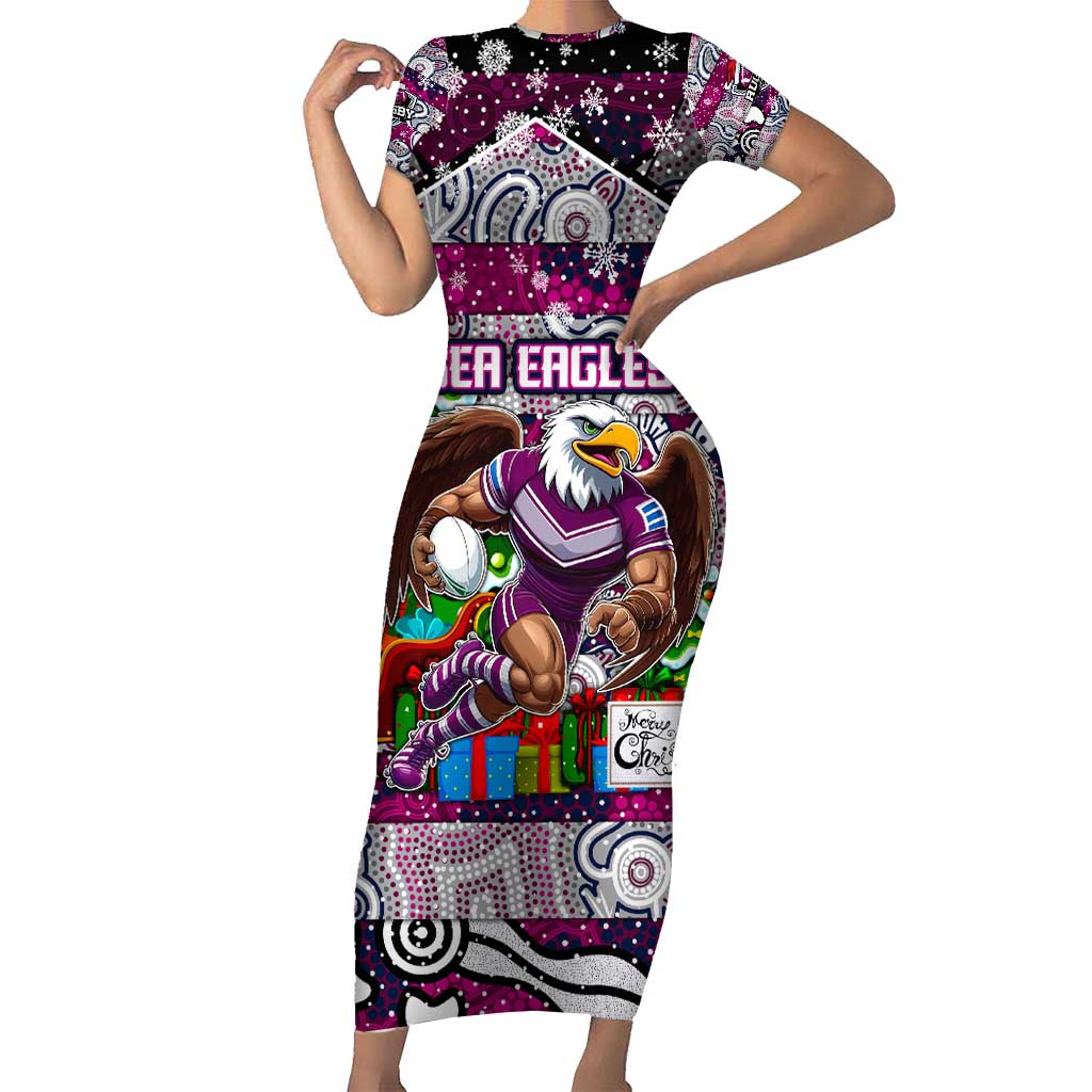 Custom Sea Eagles Rugby Merry Christmas Short Sleeve Bodycon Dress Indigenous Australian Art