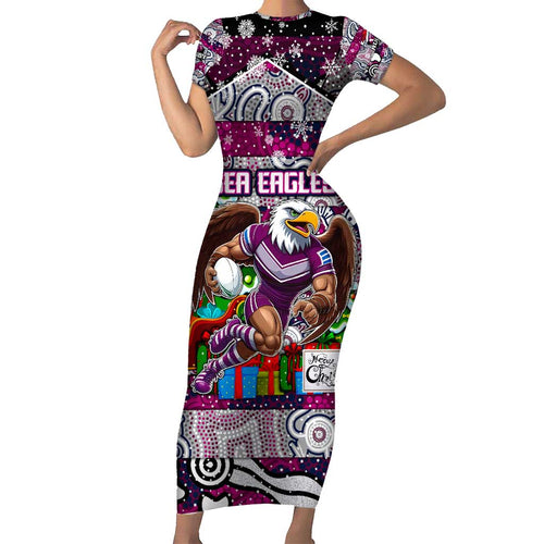 Custom Sea Eagles Rugby Merry Christmas Short Sleeve Bodycon Dress Indigenous Australian Art
