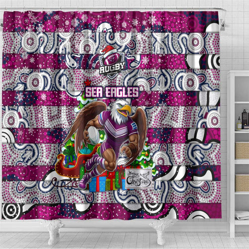 Sea Eagles Rugby Merry Christmas Shower Curtain Indigenous Australian Art