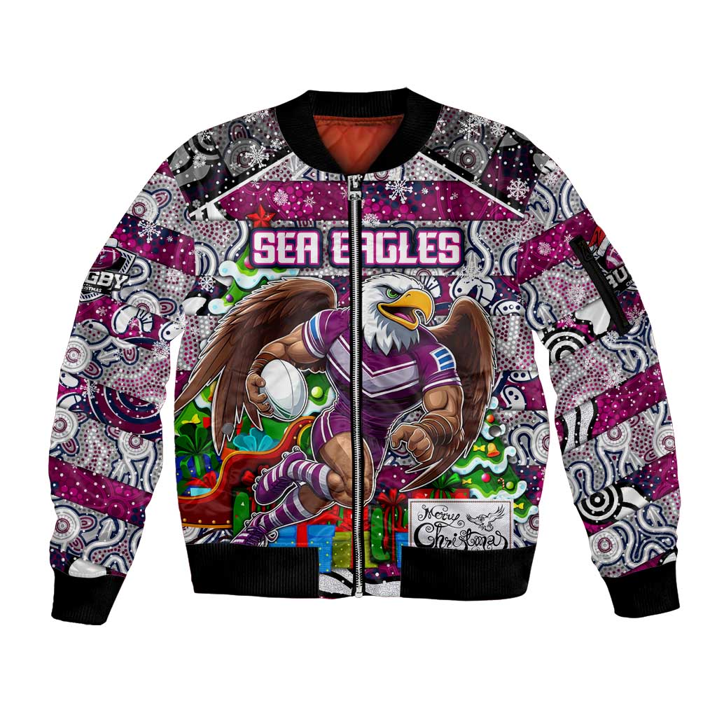 Custom Sea Eagles Rugby Merry Christmas Sleeve Zip Bomber Jacket Indigenous Australian Art