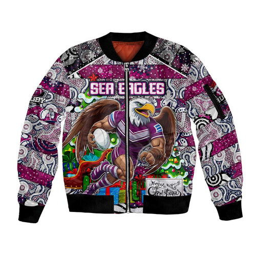 Custom Sea Eagles Rugby Merry Christmas Sleeve Zip Bomber Jacket Indigenous Australian Art