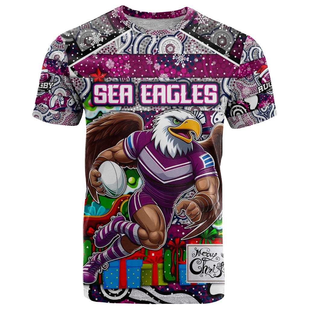 Custom Sea Eagles Rugby Merry Christmas T Shirt Indigenous Australian Art