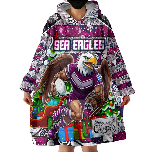 Custom Sea Eagles Rugby Merry Christmas Wearable Blanket Hoodie Indigenous Australian Art