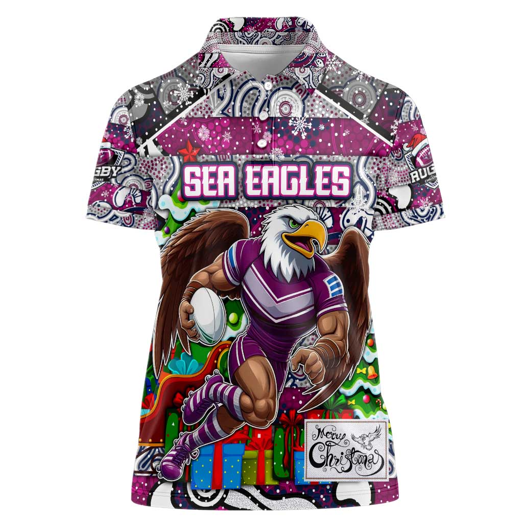 Custom Sea Eagles Rugby Merry Christmas Women Polo Shirt Indigenous Australian Art