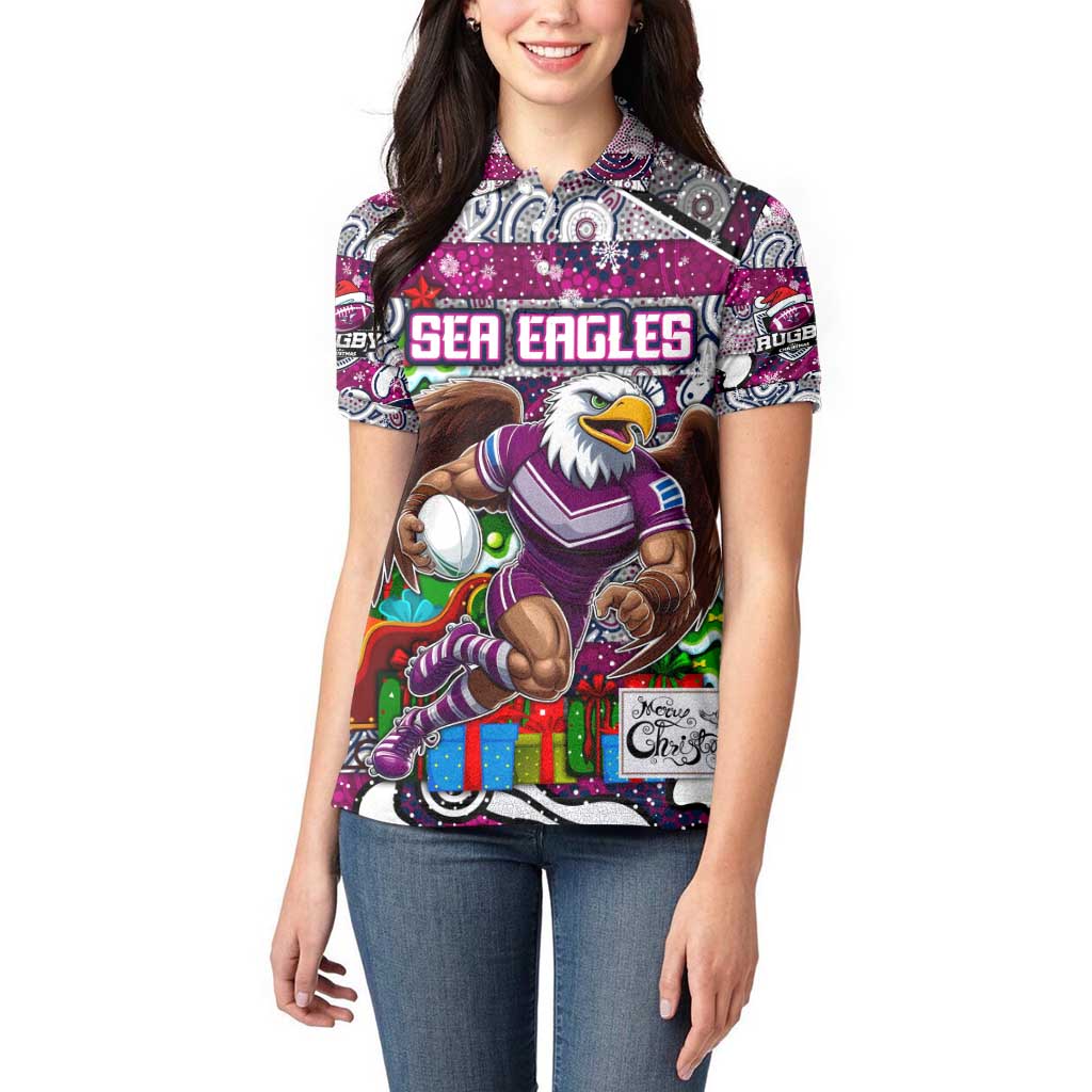 Custom Sea Eagles Rugby Merry Christmas Women Polo Shirt Indigenous Australian Art