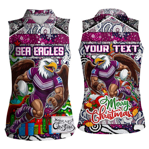 Custom Sea Eagles Rugby Merry Christmas Women Sleeveless Polo Shirt Indigenous Australian Art