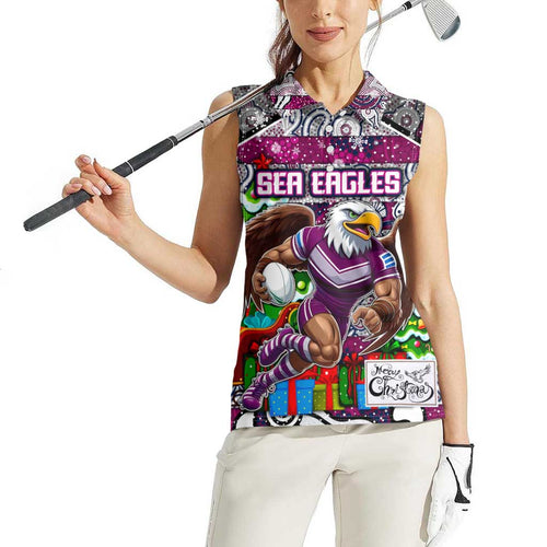 Custom Sea Eagles Rugby Merry Christmas Women Sleeveless Polo Shirt Indigenous Australian Art