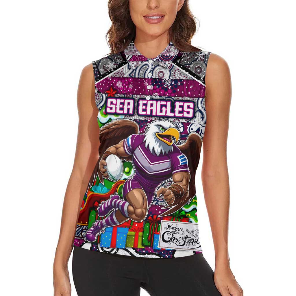Custom Sea Eagles Rugby Merry Christmas Women Sleeveless Polo Shirt Indigenous Australian Art