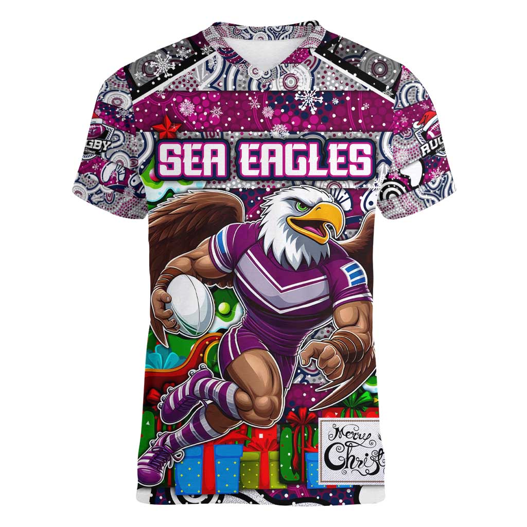 Custom Sea Eagles Rugby Merry Christmas Women V-Neck T-Shirt Indigenous Australian Art