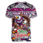 Custom Sea Eagles Rugby Merry Christmas Women V-Neck T-Shirt Indigenous Australian Art