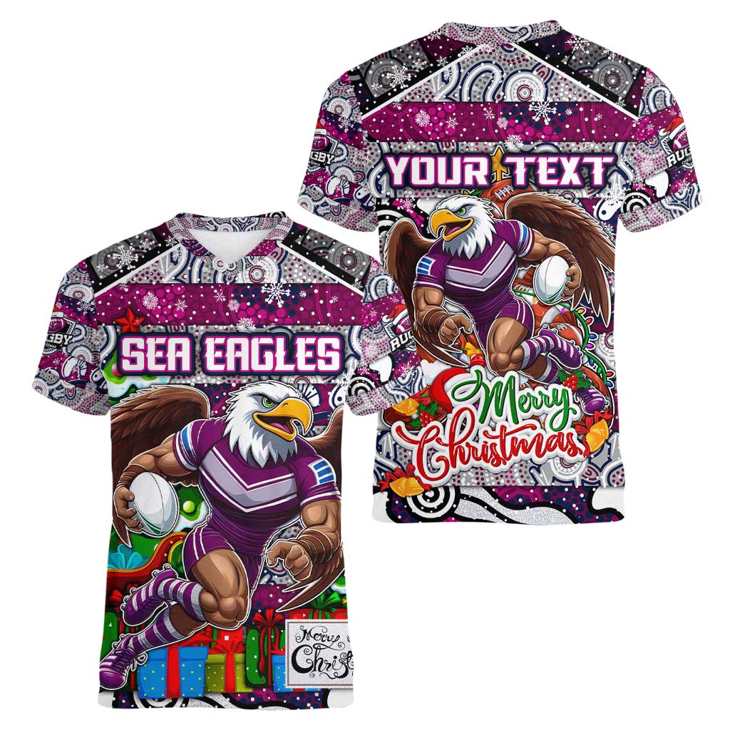 Custom Sea Eagles Rugby Merry Christmas Women V-Neck T-Shirt Indigenous Australian Art