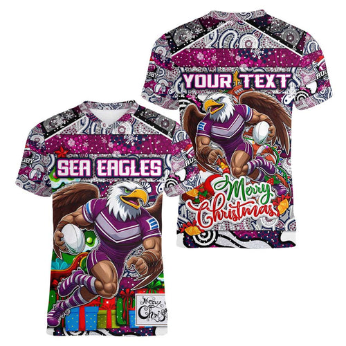 Custom Sea Eagles Rugby Merry Christmas Women V-Neck T-Shirt Indigenous Australian Art
