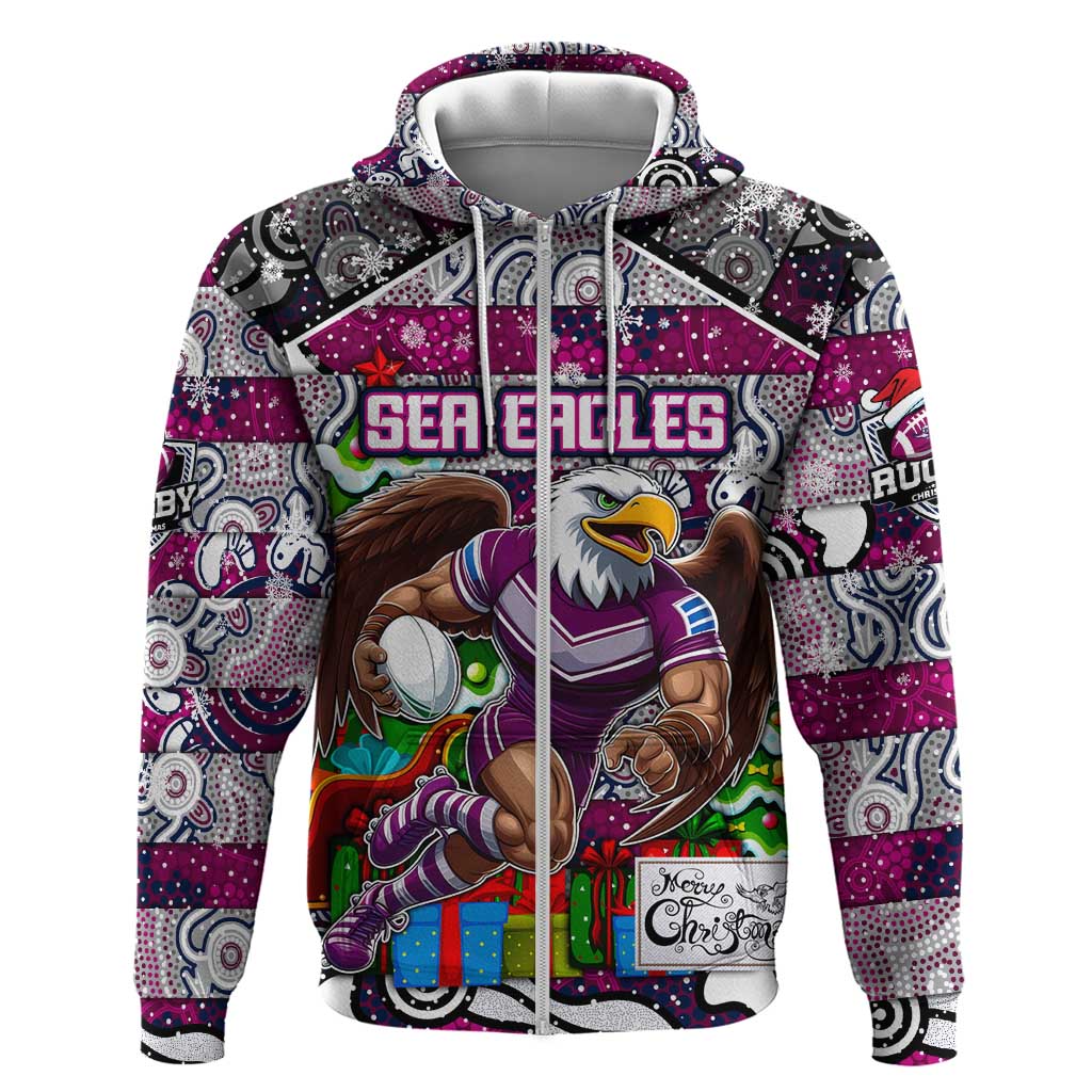 Custom Sea Eagles Rugby Merry Christmas Zip Hoodie Indigenous Australian Art
