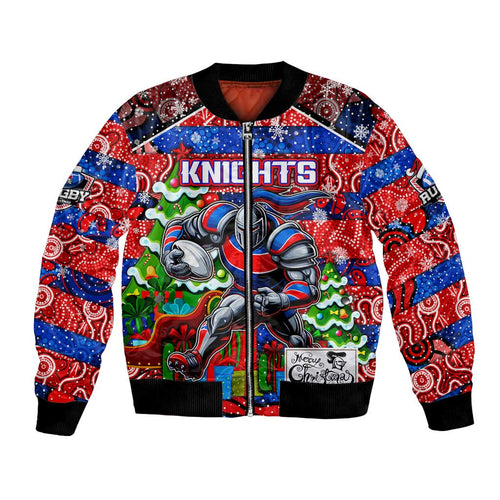 Custom Knights Rugby Merry Christmas Bomber Jacket Indigenous Australian Art
