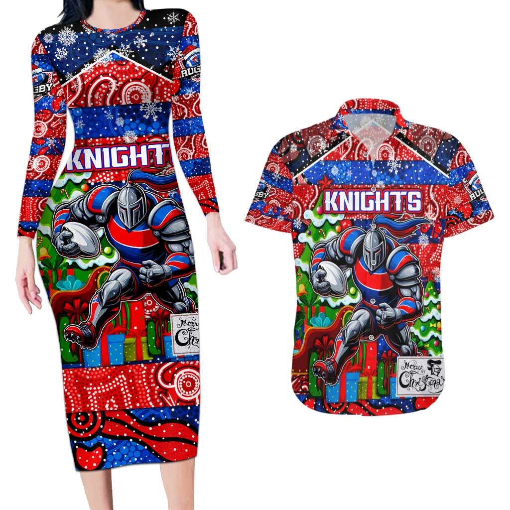 Custom Knights Rugby Merry Christmas Couples Matching Long Sleeve Bodycon Dress and Hawaiian Shirt Indigenous Australian Art