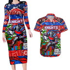 Custom Knights Rugby Merry Christmas Couples Matching Long Sleeve Bodycon Dress and Hawaiian Shirt Indigenous Australian Art