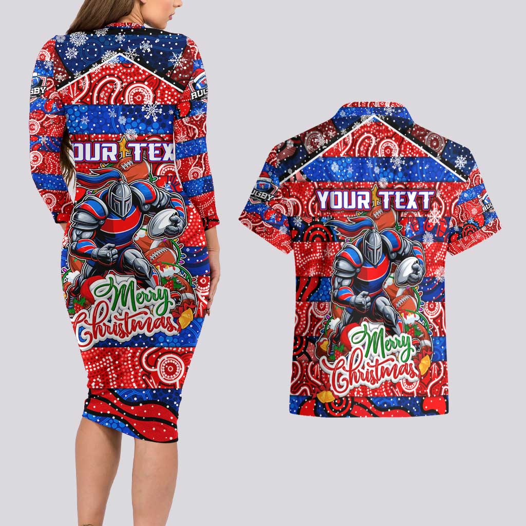 Custom Knights Rugby Merry Christmas Couples Matching Long Sleeve Bodycon Dress and Hawaiian Shirt Indigenous Australian Art