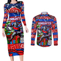 Custom Knights Rugby Merry Christmas Couples Matching Long Sleeve Bodycon Dress and Long Sleeve Button Shirt Indigenous Australian Art