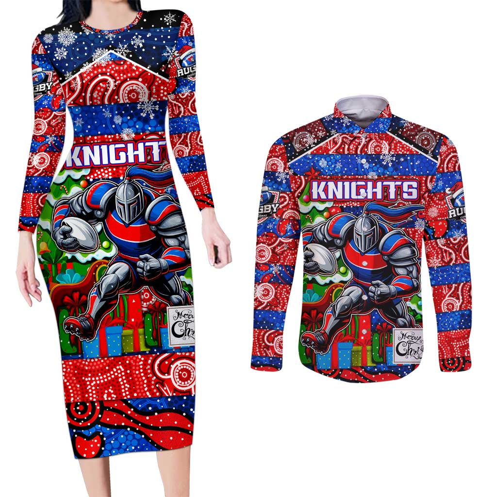 Custom Knights Rugby Merry Christmas Couples Matching Long Sleeve Bodycon Dress and Long Sleeve Button Shirt Indigenous Australian Art