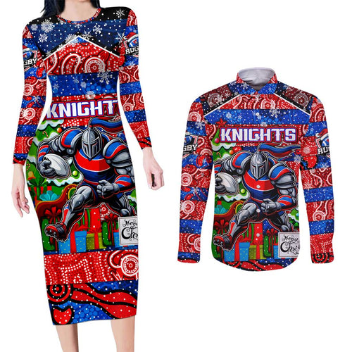Custom Knights Rugby Merry Christmas Couples Matching Long Sleeve Bodycon Dress and Long Sleeve Button Shirt Indigenous Australian Art