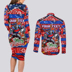 Custom Knights Rugby Merry Christmas Couples Matching Long Sleeve Bodycon Dress and Long Sleeve Button Shirt Indigenous Australian Art