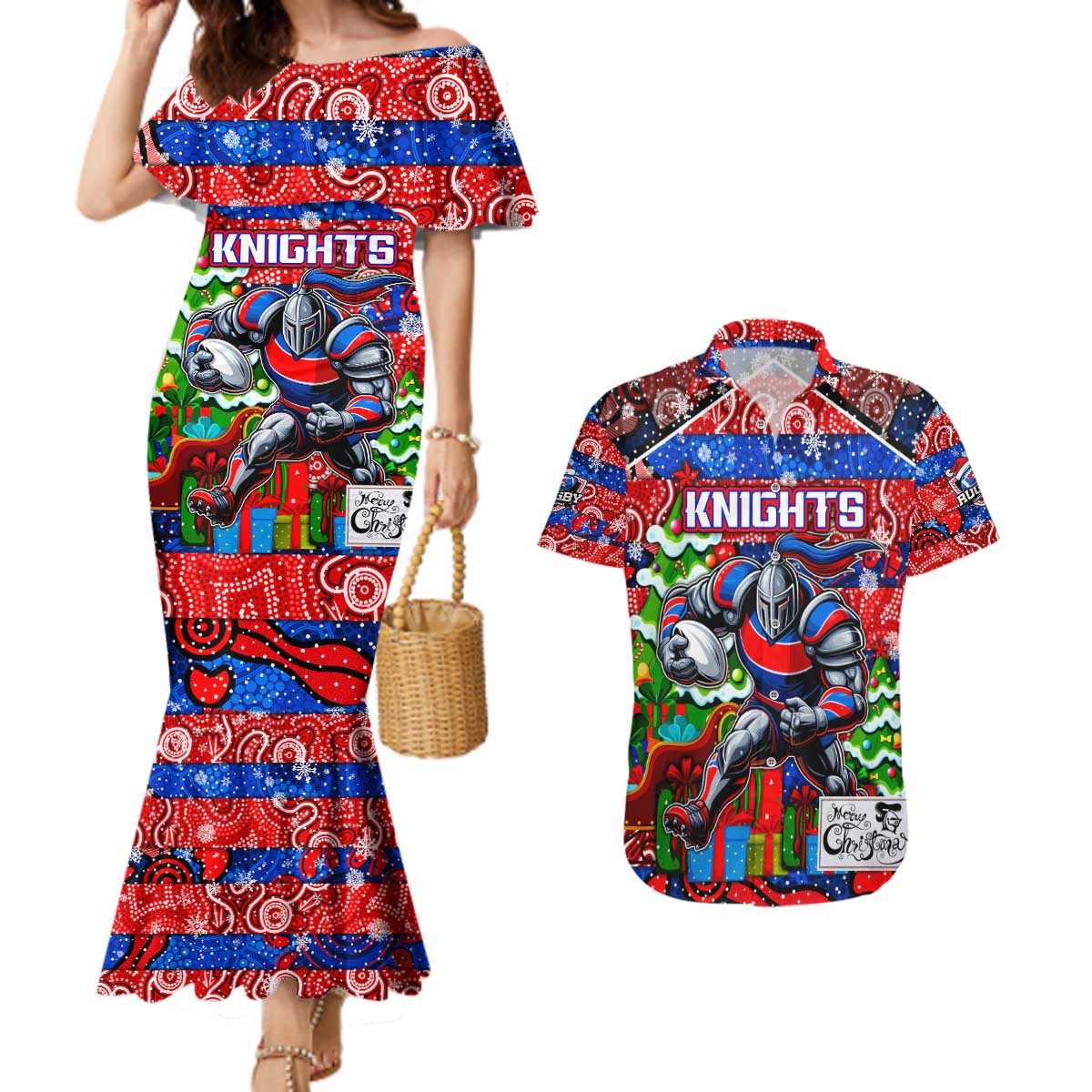 Custom Knights Rugby Merry Christmas Couples Matching Mermaid Dress and Hawaiian Shirt Indigenous Australian Art